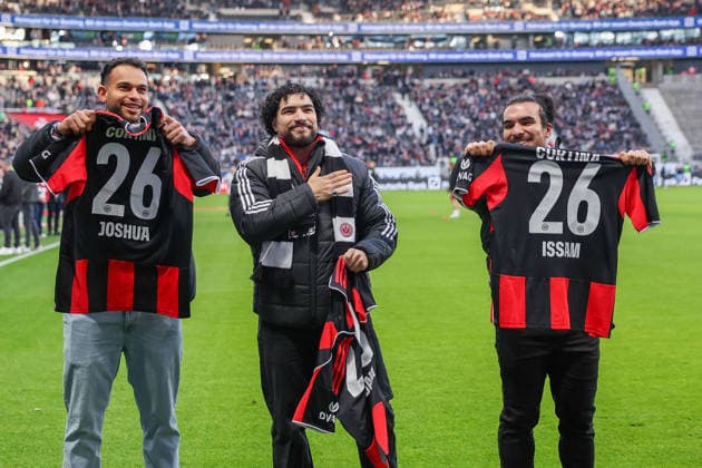 FBL - Bundesliga Matchday 24 Eintracht Frankfurt and FC Freiburg Joshua Tasche, Adam Ammour and Issam Ammour, bobsleigh athletes, are honored for their performance at the Olympic Winter games, Winterspiele,Spiele, Summer games Milano Cortina 2026 before the 1.Bundesliga match between Eintracht Frankfurt and FC Freiburg at Deutsche Bank Park in Frankfurt, Germany on March 01, 2026 (DFL DFB REGULATIONS PROHIBIT ANY USE OF PHOTOGRAPHS as IMAGE SEQUENCES and or QUASI-VIDEO) *** FBL Bundesliga Matchday 24 Eintracht Frankfurt and FC Freiburg Joshua Tasche, Adam Ammour and Issam Ammour, bobsleigh athletes, are honored for their performance at the Olympic Winter Games Milano Cortina 2026 before the 1 Bundesliga match between Eintracht Frankfurt and FC Freiburg at Deutsche Bank Park in Frankfurt, Germany on March 01, 2026 DFL DFB REGULATIONS PROHIBIT ANY USE OF PHOTOGRAPHS as IMAGE SEQUENCES and or QUASI VIDEO Copyright: JoaquimxFerreira