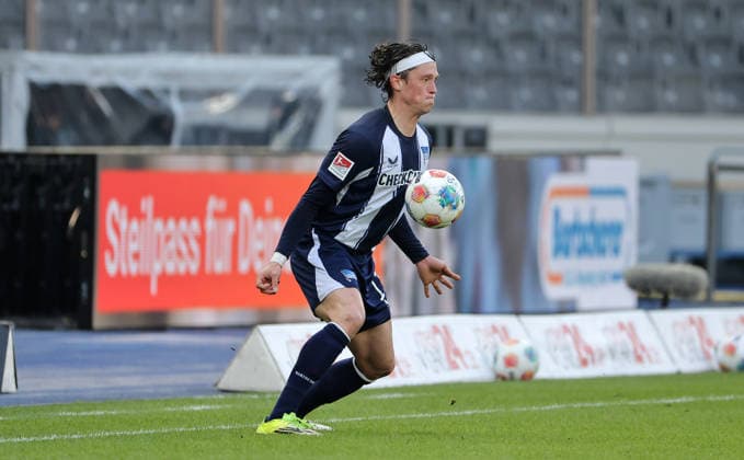 Fabian Reese on the ball Single image Crop action Sport Soccer Football DFL 2 Bundesliga Men 24 Matchday Season 2025 2026 01 03 2026 Hertha BSC Berlin vs 1 FC Nürnberg FCN DFL regulations prohibit any use of photographs as image sequences and or quasi video