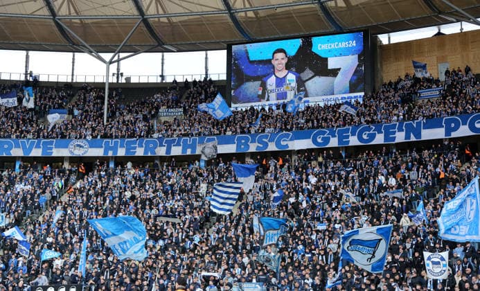 Scoreboard Josip Brekalo, Herthafans Ostkuve Sport Football Soccer DFL 2 Bundesliga Men 24 Matchday Season 2025 2026 01 03 2026 Hertha BSC Berlin vs 1 FC Nürnberg FCN DFL regulations prohibit any use of photographs as image sequences and or quasi video