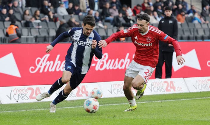 Josip Brekalo on the ball, Berkay Yilmaz duel Match scene Action Sport Soccer Football DFL 2 Bundesliga Men 24 Matchday Season 2025 2026 01 03 2026 Hertha BSC Berlin vs 1 FC Nürnberg FCN DFL regulations prohibit any use of photographs as image sequences and or quasi video