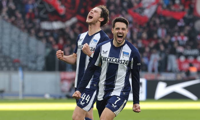 Josip Brekalo cheers after 2 1, Linus Gechter joy emotion jubilation Sport Football Soccer DFL 2 Bundesliga Men 24 Matchday Season 2025 2026 01 03 2026 Hertha BSC Berlin vs 1 FC Nürnberg FCN DFL regulations prohibit any use of photographs as image sequences and or quasi video