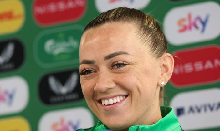 Republic of Ireland WNT press conference, PK, Pressekonferenz Tallaght Stadium, Dublin 2 3 2026 Katie McCabe Katie McCabe 2 3 2026  Copyright: x INPHO JamesxCrombiex 032A0185
