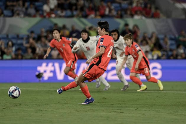 2nd March 2026, Robina Stadium, Gold Coast, Queensland, Australia; AFC Women s Asian Cup, Iran versus South Korea; Kim Hye-ri of Korea Republic scores from the penalty spot to make it 2-0 in the 59th minute  NigelxOwen Content restricted for UK based newspaper