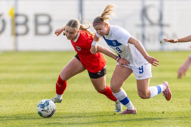 WOMEN SOCCER - U19, AUT vs FIN test match VIENNA,AUSTRIA,02.MAR.26 - WOMEN SOCCER - OEFB Under-19 international test match, Austria vs Finland. Image shows Maja Keckeis (AUT) and Fanni Sinivuori (FIN).  GEPAxpictures xPhilippxBrem