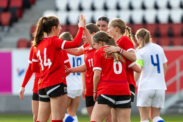 WOMEN SOCCER - U19, AUT vs FIN test match VIENNA,AUSTRIA,02.MAR.26 - WOMEN SOCCER - OEFB Under-19 international test match, Austria vs Finland. Image shows the rejoicing of AUT.  GEPAxpictures xPhilippxBrem