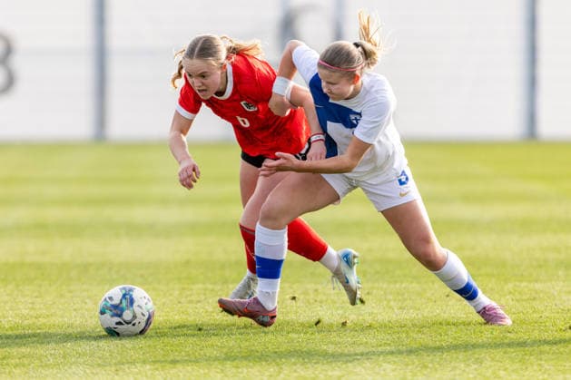 WOMEN SOCCER - U19, AUT vs FIN test match VIENNA,AUSTRIA,02.MAR.26 - WOMEN SOCCER - OEFB Under-19 international test match, Austria vs Finland. Image shows Maja Keckeis (AUT) and Fanni Sinivuori (FIN).  GEPAxpictures xPhilippxBrem