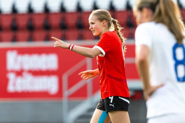 WOMEN SOCCER - U19, AUT vs FIN test match VIENNA,AUSTRIA,02.MAR.26 - WOMEN SOCCER - OEFB Under-19 international test match, Austria vs Finland. Image shows the rejoicing of Denise Lueger (AUT).  GEPAxpictures xPhilippxBrem
