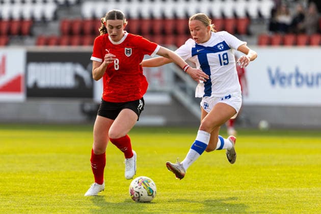 WOMEN SOCCER - U19, AUT vs FIN test match VIENNA,AUSTRIA,02.MAR.26 - WOMEN SOCCER - OEFB Under-19 international test match, Austria vs Finland. Image shows Greta Spinn (AUT) and Saara Lahtela (FIN).  GEPAxpictures xPhilippxBrem