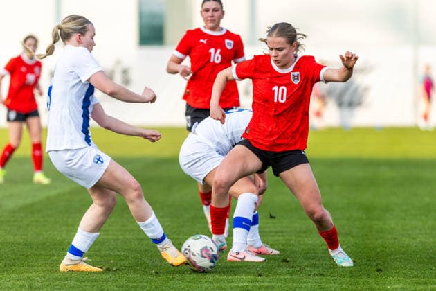 WOMEN SOCCER - U19, AUT vs FIN test match VIENNA,AUSTRIA,02.MAR.26 - WOMEN SOCCER - OEFB Under-19 international test match, Austria vs Finland. Image shows Cecilia Jaentti (FIN) and Ella Herbst (AUT).  GEPAxpictures xPhilippxBrem