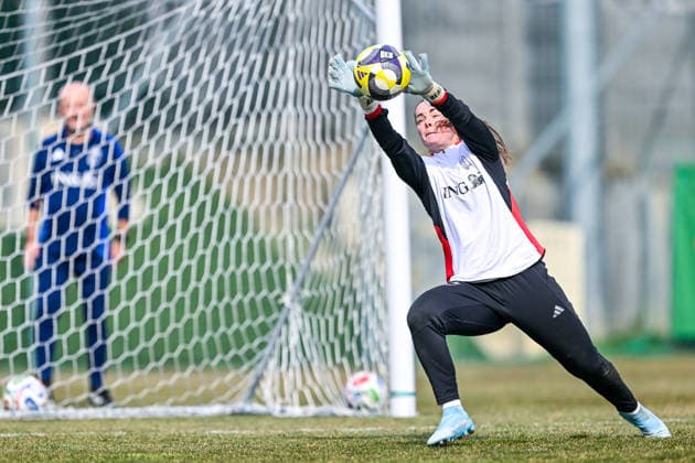 SOCCER WOMEN UEFA QUALIFIERS B4 MD-1 ISRAEL VS BELGIUM goalkeeper Diede Lemey (12) of Belgium pictured during a women football training session MD-1 before the game between the national teams of Israel and Belgium, called the Red Flames, on the first match day in League B Group B4 in the league stage of the 2026-27 UEFA Women s European Qualifiers competition , on Monday 2 March 2026 in Budapest , Hungary . PHOTO SPORTPIX Stijn Audooren Budapest BSC Stadium - Budaors Hungary  Copyright: xSportpix.bex xStijnxAudoorenxStijnxAudoorenx
