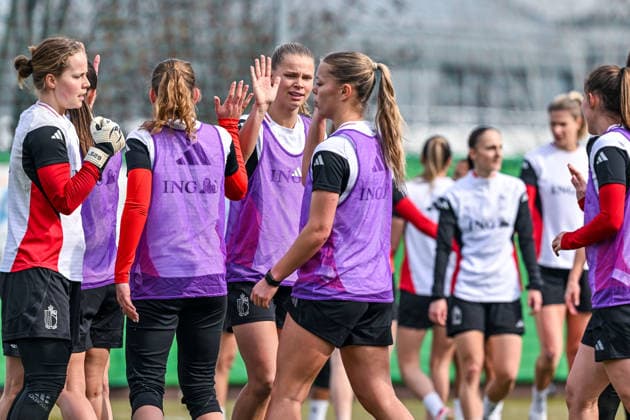 SOCCER WOMEN UEFA QUALIFIERS B4 MD-1 ISRAEL VS BELGIUM Lore Jacobs (14) of Belgium pictured during a women football training session MD-1 before the game between the national teams of Israel and Belgium, called the Red Flames, on the first match day in League B Group B4 in the league stage of the 2026-27 UEFA Women s European Qualifiers competition , on Monday 2 March 2026 in Budapest , Hungary . PHOTO SPORTPIX Stijn Audooren Budapest BSC Stadium - Budaors Hungary  Copyright: xSportpix.bex xStijnxAudoorenxStijnxAudoorenx