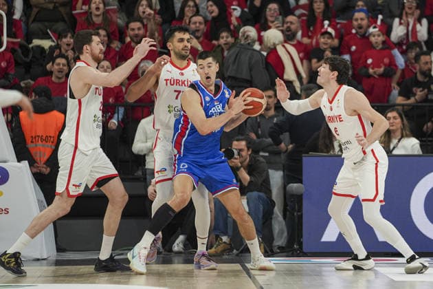 Turkiye v Serbia - FIBA Basketball World Cup 2027 European Qualifiers ISTANBUL, TURKIYE - MARCH 02: Cedi Osman (R) of Turkiye in action against Luka Mitrovic (C) of Serbia during the FIBA Basketball World Cup 2027 European Qualifiers First Round Group C match at the Basketball Development Center in Istanbul, Turkiye, on March 02, 2026. Arife Karakum Anadolu Istanbul Turkey. Editorial use only. Please get in touch for any other usage.  Copyright: x2026xAnadoluxArifexKarakumx