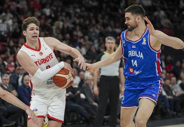 Turkiye v Serbia - FIBA Basketball World Cup 2027 European Qualifiers ISTANBUL, TURKIYE - MARCH 02: Tarik Biberovic (L) of Turkiye in action against Dusan Ristic (R) of Serbia during the FIBA Basketball World Cup 2027 European Qualifiers First Round Group C match at the Basketball Development Center in Istanbul, Turkiye, on March 02, 2026. Arife Karakum Anadolu Istanbul Turkey. Editorial use only. Please get in touch for any other usage.  Copyright: x2026xAnadoluxArifexKarakumx