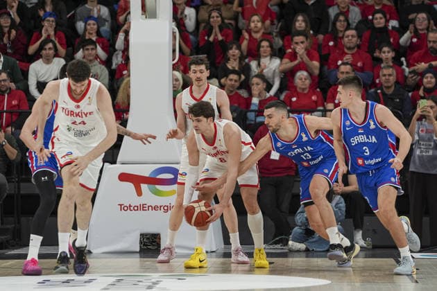 Turkiye v Serbia - FIBA Basketball World Cup 2027 European Qualifiers ISTANBUL, TURKIYE - MARCH 02: Tarik Biberovic (8) of Turkiye in action against Ognjen Dobric (13) of Serbia during the FIBA Basketball World Cup 2027 European Qualifiers First Round Group C match at the Basketball Development Center in Istanbul, Turkiye, on March 02, 2026. Arife Karakum Anadolu Istanbul Turkey. Editorial use only. Please get in touch for any other usage.  Copyright: x2026xAnadoluxArifexKarakumx