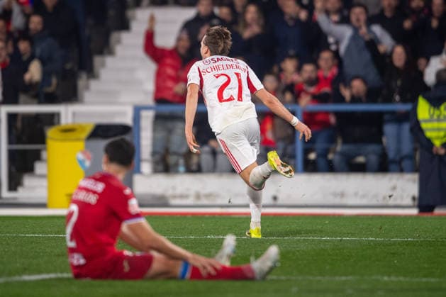 March 2, 2026, Barclos, Barcelos, Portugal: BARCELOS, PORTUGAL - MARCH 02: ANDREAS SCHJELDERUP from SL Benfica is seen celebrating his goal during the Liga Portugal Betclic 2025 26 League match between Gil Vicente FC and SL Benfica, at Estadio Cidade de Barcelos on March 02, 2026 in Barcelos, Portugal Barclos Portugal - ZUMAl192 20260302_zsp_l192_048 Copyright: xMiguelxLemosx