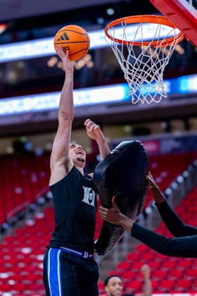 March 2, 2026, Raleigh, North Carolina, USA: Duke Blue Devils guard DARREN HARRIS (8) drives to the basket and goes up for a layup during warmups prior to the NCAA, College League, USA ACC menÃ¢â‚¬â ¢s basketball game between the Duke Blue Devils and the NC State Wolfpack at the Lenovo Center in Raleigh, North Carolina. Raleigh USA - ZUMAa220 20260302_znp_a220_005 Copyright: xIsraelxAntax