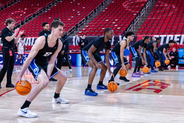 March 2, 2026, Raleigh, North Carolina, USA: (Left to right) Duke Blue Devils guard JACK SCOTT (20) and Duke Blue Devils guard SEBASTIAN WILKINS (5), Duke Blue Devils guard CAYDEN BOOZER (2) warm up with dribbling drills prior to the NCAA, College League, USA ACC menÃ¢â‚¬â ¢s basketball game between the Duke Blue Devils and the NC State Wolfpack at the Lenovo Center in Raleigh, North Carolina. Raleigh USA - ZUMAa220 20260302_znp_a220_010 Copyright: xIsraelxAntax