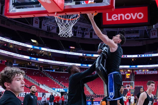March 2, 2026, Raleigh, North Carolina, USA: Duke Blue Devils guard DARREN HARRIS (8) drives to the basket and goes up for a layup during warmups prior to the NCAA, College League, USA ACC menÃ¢â‚¬â ¢s basketball game between the Duke Blue Devils and the NC State Wolfpack at the Lenovo Center in Raleigh, North Carolina. Raleigh USA - ZUMAa220 20260302_znp_a220_012 Copyright: xIsraelxAntax