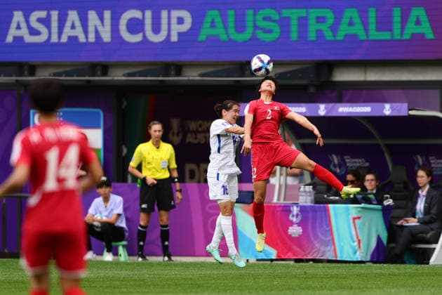 Ri Myong-Gum of DPR Korea and Zarina Mamatkarimova of Uzbekistan challenge for a header during the AFC Womens Asian Cup 2026 match between Korea DPR Women and Uzbekistan Women at Western Sydney Stadium, Sydney, Australia on 3 March 2026. Copyright: xPeterxDovganx 44600029