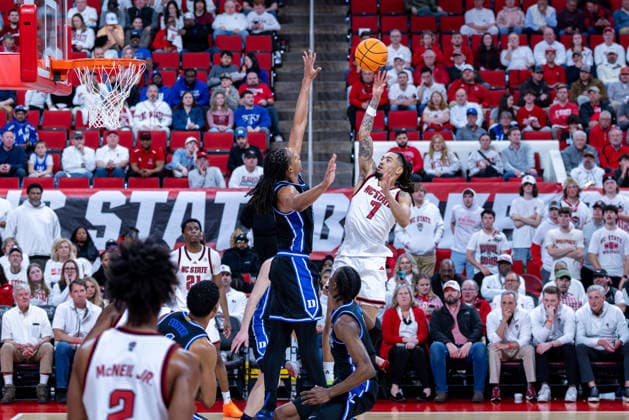 March 2, 2026, Raleigh, North Carolina, USA: NC State Wolfpack guard ALYN BREED (7) shoots a fade-away jump shot during the second half of the NCAA, College League, USA ACC menÃ¢â‚¬â ¢s basketball game between the Duke Blue Devils and the NC State Wolfpack at the Lenovo Center in Raleigh, North Carolina. Raleigh USA - ZUMAa220 20260302_znp_a220_079 Copyright: xIsraelxAntax