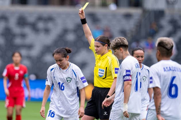 Zarina Mamatkarimova (16 Uzbekistan) receives a yellow card during the AFC Womens Asian Cup 2026 Group B game between DPR Korea and Uzbekistan at Western Sydney Stadium in Sydney, Australia. Copyright: xNoexLlamasx xSPPx Sportspressphoto_SPR100295