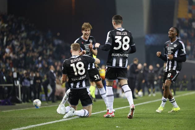 Udinese s Adam Buksa celebrates after scoring a goal during the Italian Serie A Enilive match between Udinese Calcio vs ACF Fiorentina at the Bluenergy Stadium in Udinese, Italy, 02 March 2026.  Copyright: xMattiaxRadoni IPAxSportx xipa-agency.netx xx IPA_72308338 IPA_Agency_IPA72308338