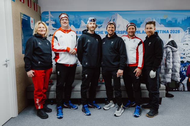 PARALYMPICS - Winter Paralympics Milano Cortina 2026 CORTINA D AMPEZZO,ITALY,03.MAR.26 - PARALYMPICS - Paralympic Winter games, Winterspiele,Spiele, Summer games Milano Cortina 2026, preview. Image shows general secretary Petra Huber (OEPC), Markus Schmidhofer (AUT), a participant, Rene Eckhart (AUT), Oliver Dreier (AUT) and Patrick Mayrhofer (OEPC).  GEPAxpictures xAlexanderxSolc