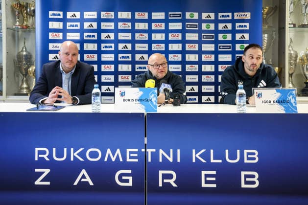 HC Zagreb press conference, PK, Pressekonferenz EHF Champions League 2025 2026 Spokesman of HC Zagreb Goran Roknic, Head Coach of HC Zagreb Boris Dvorsek (C) and player Igor Karacic (R) attend a press conference at Tresnjevka Sports Hall on March 3, 2026. in Zagreb, Croatia ahead of the EHF Champions League match between HC Zagreb and Orlen Wisla Plock.  IgorxKralj PIXSELL
