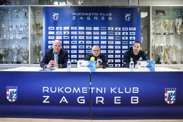 HC Zagreb press conference, PK, Pressekonferenz EHF Champions League 2025 2026 Spokesman of HC Zagreb Goran Roknic, Head Coach of HC Zagreb Boris Dvorsek (C) and player Igor Karacic (R) attend a press conference at Tresnjevka Sports Hall on March 3, 2026. in Zagreb, Croatia ahead of the EHF Champions League match between HC Zagreb and Orlen Wisla Plock.  IgorxKralj PIXSELL