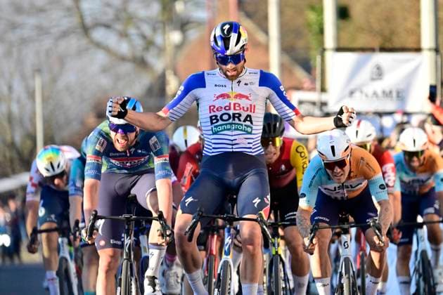Ename Grand Prix Le Samyn 2026 Cycling Race DOUR, BELGIUM - MARCH 03 : Meeus Jordi (BEL) of Red Bull - BORA - Hansgrohe wins the sprint, second place for Rex Laurenz (BEL) of Soudal Quick-Step, third place for Hofstetter Hugo (FRA) of NSN Cycling Team during the 58th edition of Ename Grand Prix Le Samyn an UCI Class 1.1 one day cycling road race for Men Elite of km with start in Quaregnon and finish in Dour on March 3, 2026 in Dour, Belgium, 03 03 2026 ( Motordriver Kenny Verfaillie - Dour Belgium  Copyright: xJanxDexMeuleneirx