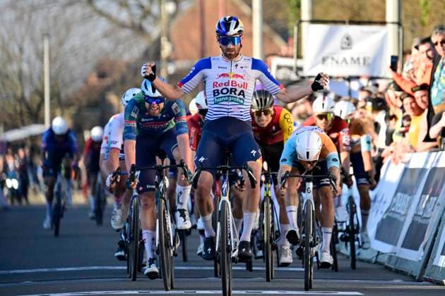 Ename Grand Prix Le Samyn 2026 Cycling Race DOUR, BELGIUM - MARCH 03 : Meeus Jordi (BEL) of Red Bull - BORA - Hansgrohe wins the sprint, second place for Rex Laurenz (BEL) of Soudal Quick-Step, third place for Hofstetter Hugo (FRA) of NSN Cycling Team during the 58th edition of Ename Grand Prix Le Samyn an UCI Class 1.1 one day cycling road race for Men Elite of km with start in Quaregnon and finish in Dour on March 3, 2026 in Dour, Belgium, 03 03 2026 ( Motordriver Kenny Verfaillie - Dour Belgium  Copyright: xJanxDexMeuleneirx