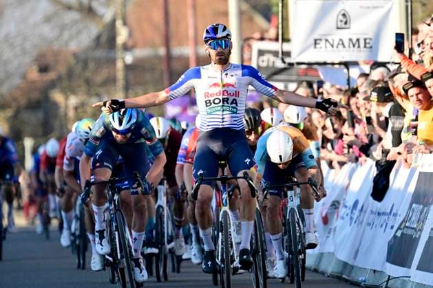 Ename Grand Prix Le Samyn 2026 Cycling Race DOUR, BELGIUM - MARCH 03 : Meeus Jordi (BEL) of Red Bull - BORA - Hansgrohe wins the sprint, second place for Rex Laurenz (BEL) of Soudal Quick-Step, third place for Hofstetter Hugo (FRA) of NSN Cycling Team during the 58th edition of Ename Grand Prix Le Samyn an UCI Class 1.1 one day cycling road race for Men Elite of km with start in Quaregnon and finish in Dour on March 3, 2026 in Dour, Belgium, 03 03 2026 ( Motordriver Kenny Verfaillie - Dour Belgium  Copyright: xJanxDexMeuleneirx