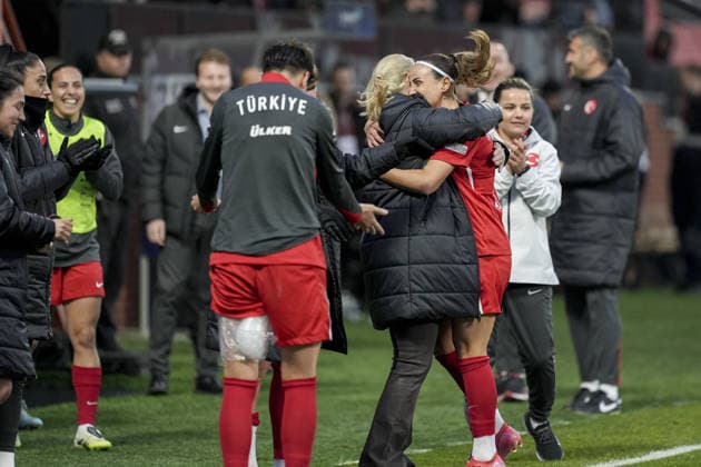 Turkiye v Malta - FIFA Women’s World Cup 2027 European Qualifiers ISTANBUL, TURKIYE - MARCH 03: Arzu Karabulut (R) of Turkiye celebrates with head coach of Turkiye Necla Gungor after scoring during the FIFA Women’s World Cup 2027 European Qualifiers League B Group 2 match between Turkiye and Malta at Pendik Stadium in Istanbul, Turkiye, on March 03, 2026. Arife Karakum Anadolu Istanbul Turkey. Editorial use only. Please get in touch for any other usage.  Copyright: x2026xAnadoluxArifexKarakumx