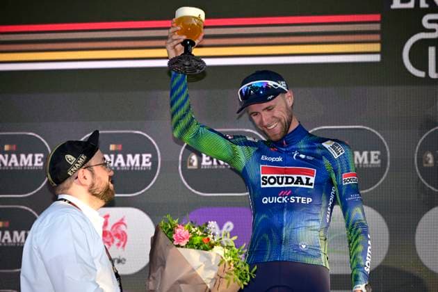 Ename Grand Prix Le Samyn 2026 Cycling Race DOUR, BELGIUM - MARCH 03 : Rex Laurenz (BEL) of Soudal Quick-Step pictured during the podium ceremony of the 58th edition of Ename Grand Prix Le Samyn an UCI Class 1.1 one day cycling road race for Men Elite of km with start in Quaregnon and finish in Dour on March 3, 2026 in Dour, Belgium, 03 03 2026 ( Motordriver Kenny Verfaillie - Dour Belgium  Copyright: xJanxDexMeuleneirx