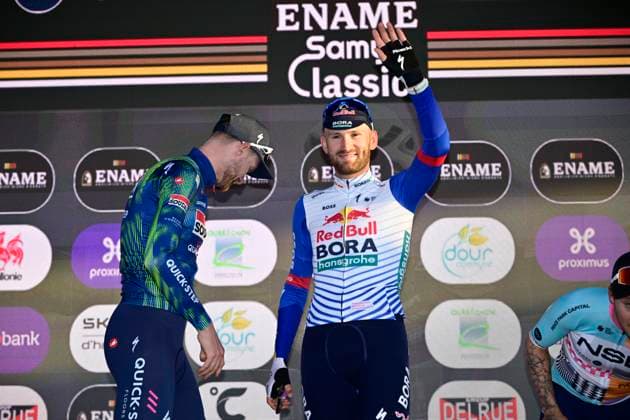 Ename Grand Prix Le Samyn 2026 Cycling Race DOUR, BELGIUM - MARCH 03 : Rex Laurenz (BEL) of Soudal Quick-Step, Meeus Jordi (BEL) of Red Bull - BORA - Hansgrohe and Hofstetter Hugo (FRA) of NSN Cycling Team pictured during the podium ceremony of the 58th edition of Ename Grand Prix Le Samyn an UCI Class 1.1 one day cycling road race for Men Elite of km with start in Quaregnon and finish in Dour on March 3, 2026 in Dour, Belgium, 03 03 2026 ( Motordriver Kenny Verfaillie - Dour Belgium  Copyright: xJanxDexMeuleneirx