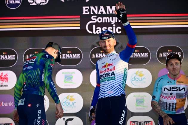 Ename Grand Prix Le Samyn 2026 Cycling Race DOUR, BELGIUM - MARCH 03 : Rex Laurenz (BEL) of Soudal Quick-Step, Meeus Jordi (BEL) of Red Bull - BORA - Hansgrohe and Hofstetter Hugo (FRA) of NSN Cycling Team pictured during the podium ceremony of the 58th edition of Ename Grand Prix Le Samyn an UCI Class 1.1 one day cycling road race for Men Elite of km with start in Quaregnon and finish in Dour on March 3, 2026 in Dour, Belgium, 03 03 2026 ( Motordriver Kenny Verfaillie - Dour Belgium  Copyright: xJanxDexMeuleneirx