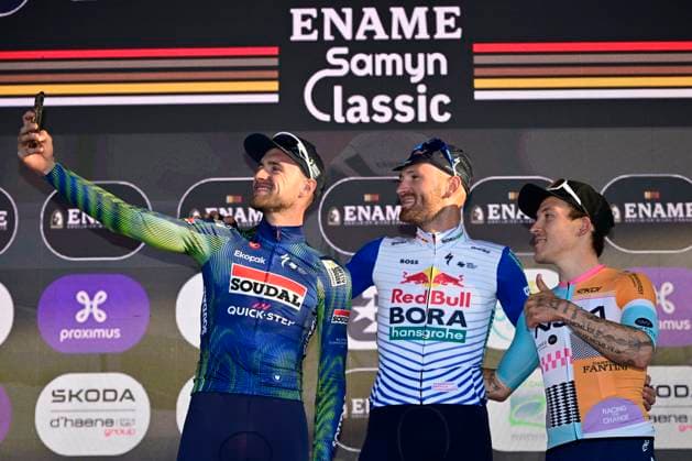 Ename Grand Prix Le Samyn 2026 Cycling Race DOUR, BELGIUM - MARCH 03 : Rex Laurenz (BEL) of Soudal Quick-Step, Meeus Jordi (BEL) of Red Bull - BORA - Hansgrohe and Hofstetter Hugo (FRA) of NSN Cycling Team pictured during the podium ceremony of the 58th edition of Ename Grand Prix Le Samyn an UCI Class 1.1 one day cycling road race for Men Elite of km with start in Quaregnon and finish in Dour on March 3, 2026 in Dour, Belgium, 03 03 2026 ( Motordriver Kenny Verfaillie - Dour Belgium  Copyright: xJanxDexMeuleneirx