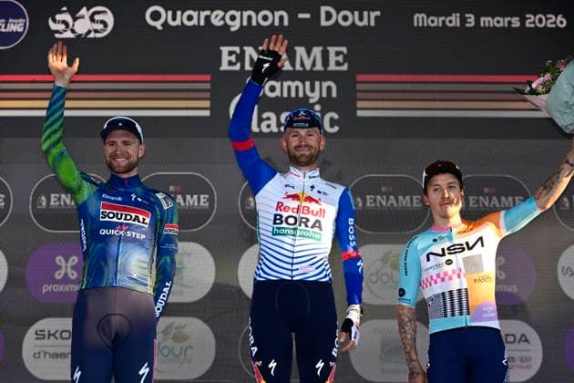 Ename Grand Prix Le Samyn 2026 Cycling Race DOUR, BELGIUM - MARCH 03 : Rex Laurenz (BEL) of Soudal Quick-Step, Meeus Jordi (BEL) of Red Bull - BORA - Hansgrohe and Hofstetter Hugo (FRA) of NSN Cycling Team pictured during the podium ceremony of the 58th edition of Ename Grand Prix Le Samyn an UCI Class 1.1 one day cycling road race for Men Elite of km with start in Quaregnon and finish in Dour on March 3, 2026 in Dour, Belgium, 03 03 2026 ( Motordriver Kenny Verfaillie - Dour Belgium  Copyright: xJanxDexMeuleneirx