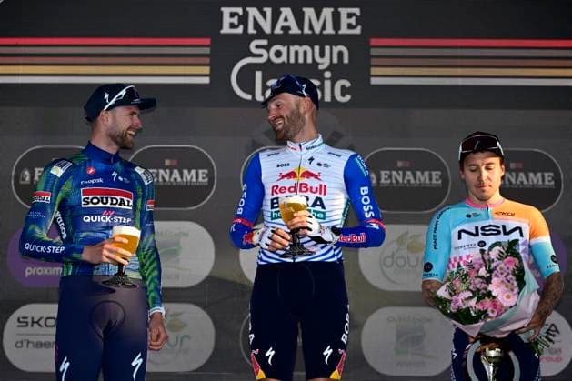 Ename Grand Prix Le Samyn 2026 Cycling Race DOUR, BELGIUM - MARCH 03 : Rex Laurenz (BEL) of Soudal Quick-Step, Meeus Jordi (BEL) of Red Bull - BORA - Hansgrohe and Hofstetter Hugo (FRA) of NSN Cycling Team pictured during the podium ceremony of the 58th edition of Ename Grand Prix Le Samyn an UCI Class 1.1 one day cycling road race for Men Elite of km with start in Quaregnon and finish in Dour on March 3, 2026 in Dour, Belgium, 03 03 2026 ( Motordriver Kenny Verfaillie - Dour Belgium  Copyright: xJanxDexMeuleneirx
