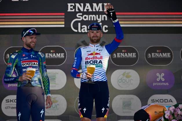 Ename Grand Prix Le Samyn 2026 Cycling Race DOUR, BELGIUM - MARCH 03 : Rex Laurenz (BEL) of Soudal Quick-Step, Meeus Jordi (BEL) of Red Bull - BORA - Hansgrohe and Hofstetter Hugo (FRA) of NSN Cycling Team pictured during the podium ceremony of the 58th edition of Ename Grand Prix Le Samyn an UCI Class 1.1 one day cycling road race for Men Elite of km with start in Quaregnon and finish in Dour on March 3, 2026 in Dour, Belgium, 03 03 2026 ( Motordriver Kenny Verfaillie - Dour Belgium  Copyright: xJanxDexMeuleneirx