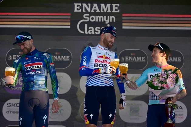 Ename Grand Prix Le Samyn 2026 Cycling Race DOUR, BELGIUM - MARCH 03 : Rex Laurenz (BEL) of Soudal Quick-Step, Meeus Jordi (BEL) of Red Bull - BORA - Hansgrohe and Hofstetter Hugo (FRA) of NSN Cycling Team pictured during the podium ceremony of the 58th edition of Ename Grand Prix Le Samyn an UCI Class 1.1 one day cycling road race for Men Elite of km with start in Quaregnon and finish in Dour on March 3, 2026 in Dour, Belgium, 03 03 2026 ( Motordriver Kenny Verfaillie - Dour Belgium  Copyright: xJanxDexMeuleneirx