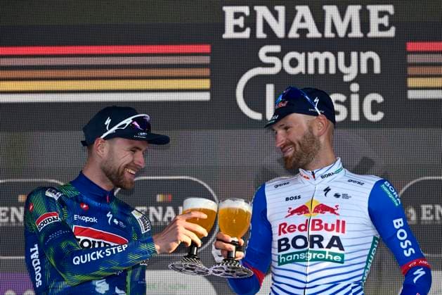 Ename Grand Prix Le Samyn 2026 Cycling Race DOUR, BELGIUM - MARCH 03 : Rex Laurenz (BEL) of Soudal Quick-Step, Meeus Jordi (BEL) of Red Bull - BORA - Hansgrohe pictured during the podium ceremony of the 58th edition of Ename Grand Prix Le Samyn an UCI Class 1.1 one day cycling road race for Men Elite of km with start in Quaregnon and finish in Dour on March 3, 2026 in Dour, Belgium, 03 03 2026 ( Motordriver Kenny Verfaillie - Dour Belgium  Copyright: xJanxDexMeuleneirx