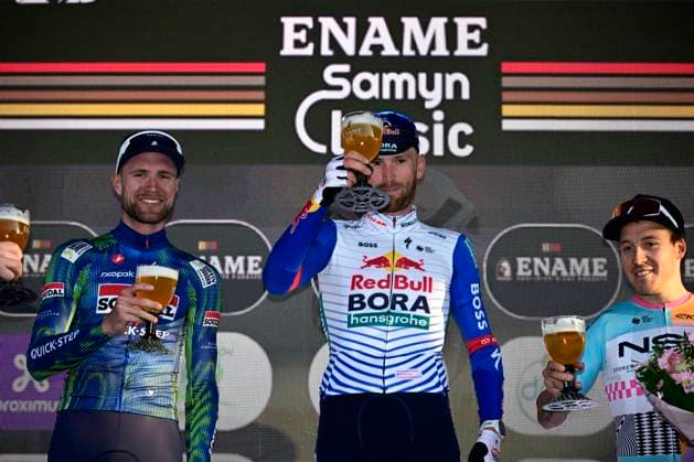 Ename Grand Prix Le Samyn 2026 Cycling Race DOUR, BELGIUM - MARCH 03 : Rex Laurenz (BEL) of Soudal Quick-Step, Meeus Jordi (BEL) of Red Bull - BORA - Hansgrohe and Hofstetter Hugo (FRA) of NSN Cycling Team pictured during the podium ceremony of the 58th edition of Ename Grand Prix Le Samyn an UCI Class 1.1 one day cycling road race for Men Elite of km with start in Quaregnon and finish in Dour on March 3, 2026 in Dour, Belgium, 03 03 2026 ( Motordriver Kenny Verfaillie - Dour Belgium  Copyright: xJanxDexMeuleneirx