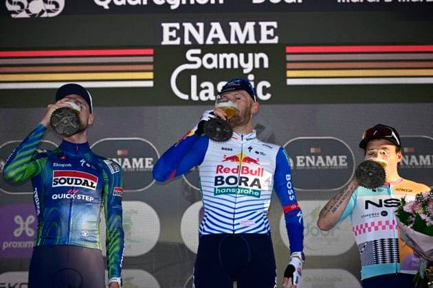 Ename Grand Prix Le Samyn 2026 Cycling Race DOUR, BELGIUM - MARCH 03 : Rex Laurenz (BEL) of Soudal Quick-Step, Meeus Jordi (BEL) of Red Bull - BORA - Hansgrohe and Hofstetter Hugo (FRA) of NSN Cycling Team pictured during the podium ceremony of the 58th edition of Ename Grand Prix Le Samyn an UCI Class 1.1 one day cycling road race for Men Elite of km with start in Quaregnon and finish in Dour on March 3, 2026 in Dour, Belgium, 03 03 2026 ( Motordriver Kenny Verfaillie - Dour Belgium  Copyright: xJanxDexMeuleneirx