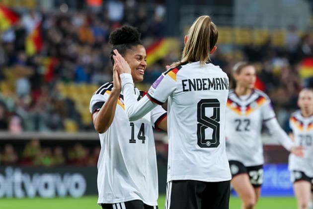 Vivien Endemann Germany celebrates after scoring her teams first goal with Shekiera Martinez Germany , 2027 FIFA Women s World Cup Qualifier, Germany v Slovenia, Rudolf Harbig Stadion on 03 March 2026 in Dresden, Germany Photo by Marco Steinbrenner DeFodi Images Vivien Endemann Germany celebrates after scoring her teams first goal with Shekiera Martinez Germany , 2027 FIFA Women s World Cup Qualifier, Germany v Slovenia, Rudolf Harbig Stadion, March 3, 2026 in Dresden, Germany Photo by Marco Steinbrenner DeFodi Images