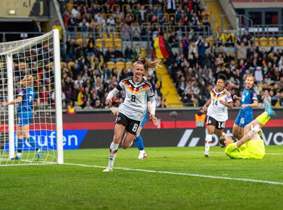 Soccer, Women, Season 2025 2026, World Cup Qualification in Dresden League A, Group 4 , Germany Slovenia, Vivien Endemann Germany , Cheering after goal to 1 0, 03 03 2026, Copyright: xSebastianxRäppold MatthiasxKochx