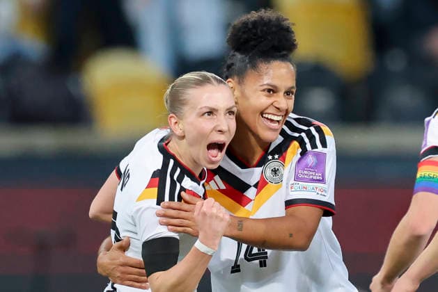 Elisa Senss Germany celebrates after scoring her teams second goal with Shekiera Martinez Germany , 2027 FIFA Women s World Cup Qualifier, Germany v Slovenia, Rudolf Harbig Stadion on 03 March 2026 in Dresden, Germany Photo by Marco Steinbrenner DeFodi Images Elisa Senss Germany celebrates after scoring her teams second goal with Shekiera Martinez Germany , 2027 FIFA Women s World Cup Qualifier, Germany v Slovenia, Rudolf Harbig Stadion, March 3, 2026 in Dresden, Germany Photo by Marco Steinbrenner DeFodi Images