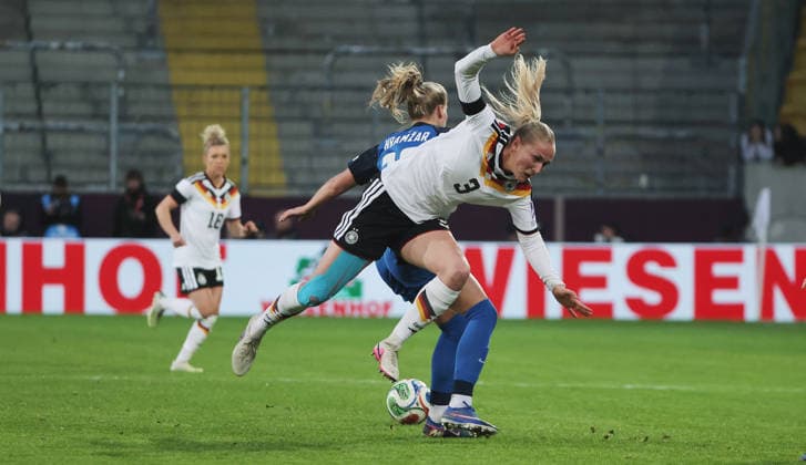 Zara Kramzar, Sara Agrez duel match scene action sport football soccer FIFA World Cup qualification in Dresden international match national team DFB women 03 03 2026 Germany GER vs Slovenia SLO DFL regulations prohibit any use of photographs as image sequences and or quasi video