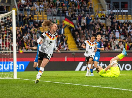 Soccer, Women, Season 2025 2026, World Cup Qualification in Dresden League A, Group 4 , Germany Slovenia, Vivien Endemann Germany , Cheering after goal to 1 0, 03 03 2026, Copyright: xSebastianxRäppold MatthiasxKochx