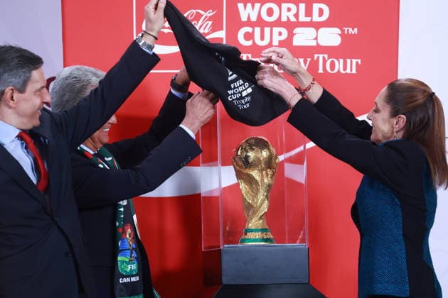 The FIFA World Cup, WM, Weltmeisterschaft, Fussball Trophy at Claudia Sheinbaum s press conference, PK, Pressekonferenz in Mexico MEXICO CITY, MEXICO - MARCH 03: The FIFA World Cup Trophy is displayed after a press conference by the Mexican President Claudia Sheinbaum, at the National Palace, in Mexico City, Mexico on March 03, 2026. The FIFA World Cup Trophy continues its journey through Mexico as part of the official Trophy Tour. Daniel Cardenas Anadolu Mexico City Mexico. Editorial use only. Please get in touch for any other usage. Copyright: x2026xAnadoluxDanielxCardenasx